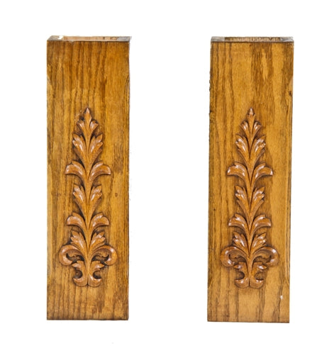 two matching late 19th century american victorian era varnished oak wood residential colonnade box-shaped columns with floral applique
