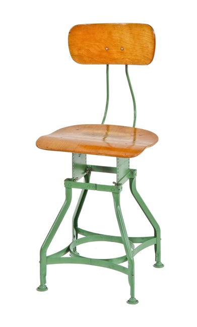 c. 1920's american vintage industrial green enameled stationary four-legged "uhl art steel" factory office stenographer stool or chair