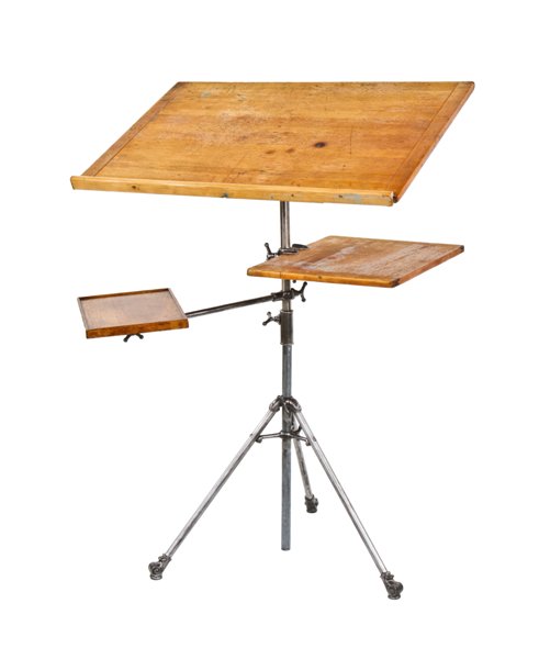 all original and completely intact rare c. 1910-20 american industrial "peerless" draftsman table containing three fully adjustable drawing boards