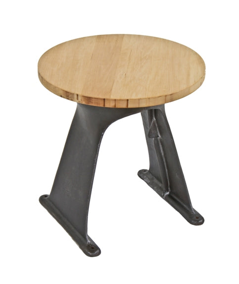 unique diminutive repurposed vintage american industrial low-lying side table with cast iron machine base and round maple wood tabletop