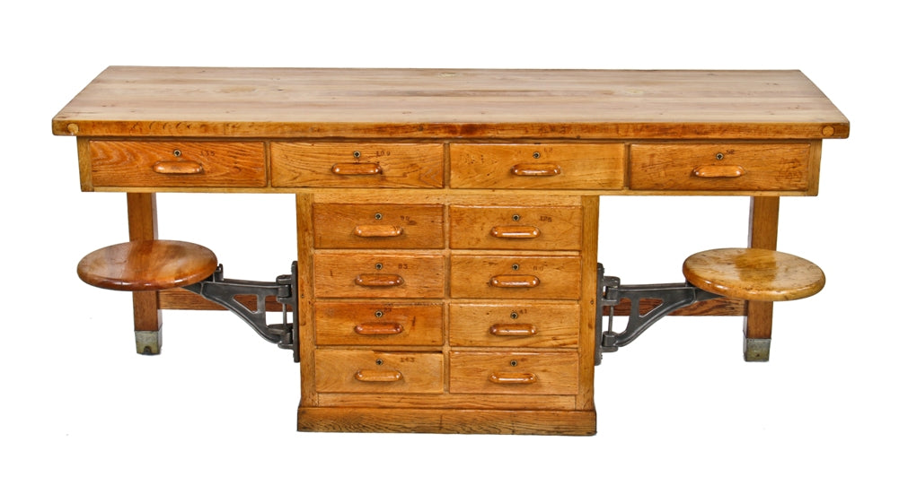exceptionally rare c. 1916-20 american industrial thoroughly refinished chemistry laboratory compartmentalized workbench with intact swing-out stools