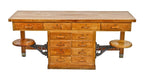exceptionally rare c. 1916-20 american industrial thoroughly refinished chemistry laboratory compartmentalized workbench with intact swing-out stools