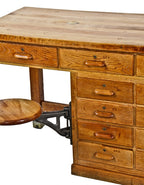 exceptionally rare c. 1916-20 american industrial thoroughly refinished chemistry laboratory compartmentalized workbench with intact swing-out stools