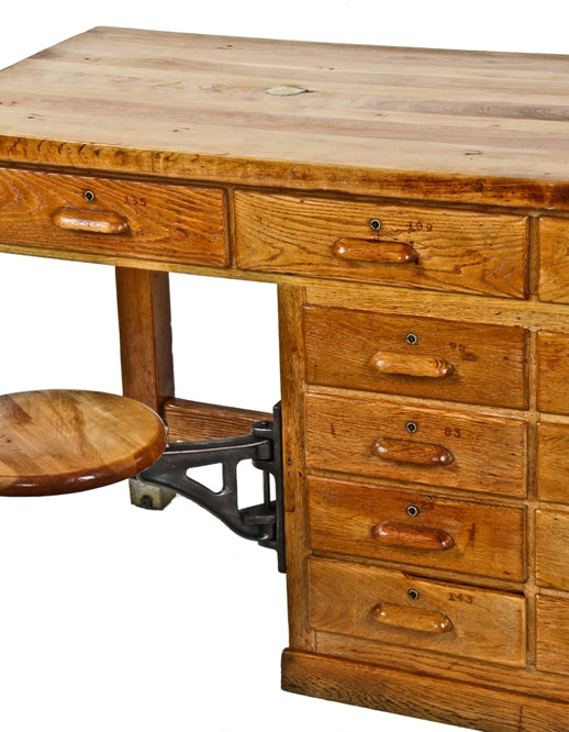 exceptionally rare c. 1916-20 american industrial thoroughly refinished chemistry laboratory compartmentalized workbench with intact swing-out stools