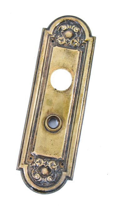 original c. 1910-20 american ornamental wrought brass exterior residential door escutcheon or backplate with mostly uniform surface patina
