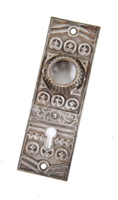 refinished original late 19th century american ornamental cast iron "screwless spindle" interior residential doorknob backplate
