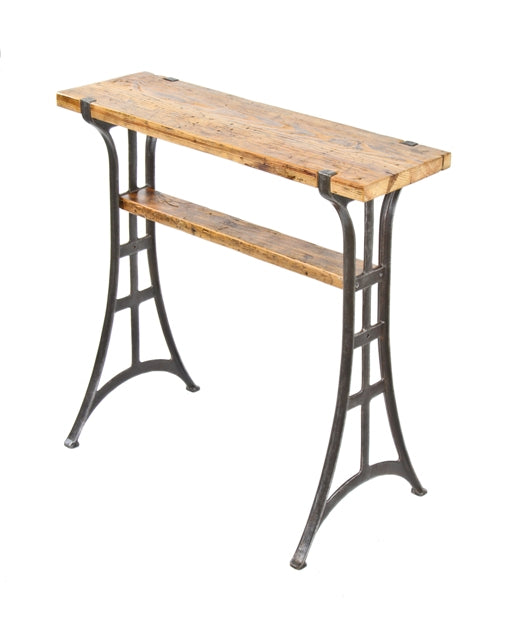 repurposed early 20th century american industrial shear and rod cutting machine base with newly added old growth pine wood tabletop