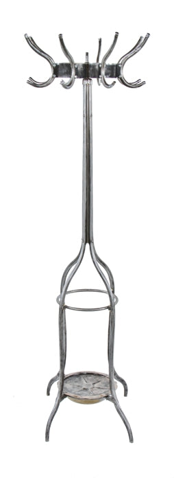 late 1930's american freestanding interior chicago barbershop revolving double hook brushed metal coat rack with umbrella stand