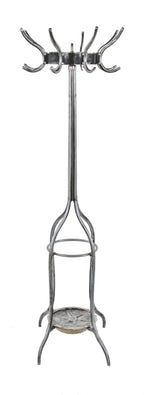 late 1930's american freestanding interior chicago barbershop revolving double hook brushed metal coat rack with umbrella stand