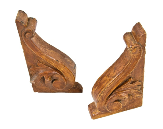 matching set of diminutive late 19th century american carved pine wood brackets or corbels with foliated scrollwork