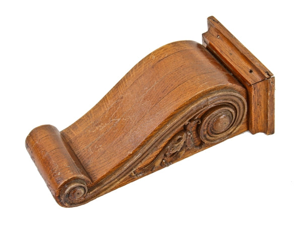 single c. 1900's american antique interior residential varnished oak wood colonnade corbel with intact voluted motif gesso ornament