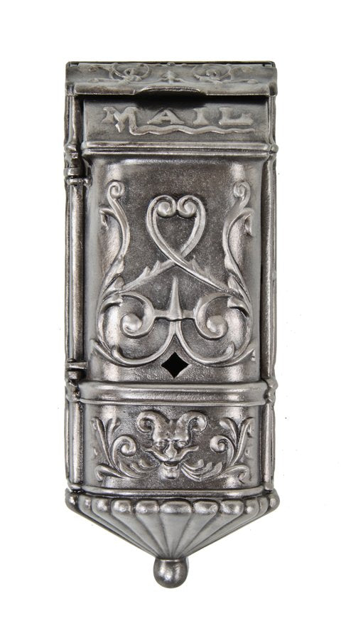 hard to find original 19th century american antique ornamental cast iron flush mount mail-box featuring a representation of the head of satyr
