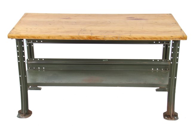 original c. 1950's american industrial four-legged olive green enameled steel workbench with intact maple wood tabletop