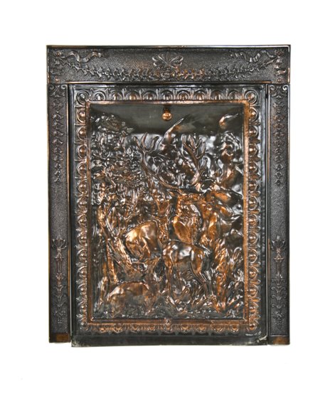 complete early 20th century american antique interior residential fireplace figural summer cover and matching surround with oxidized copper finish