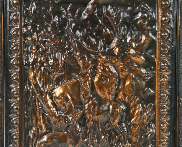 complete early 20th century american antique interior residential fireplace figural summer cover and matching surround with oxidized copper finish