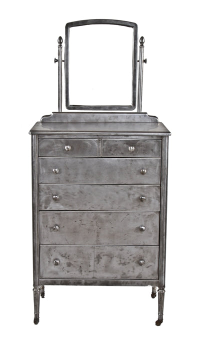 original c. 1920's original and completely intact american industrial refinished "simmons" highboy dresser unit with swivel mirror