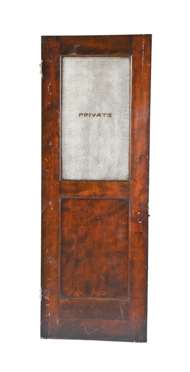 original 19th century varnished mahogany wood interior reliance building "private" lavatory door with intact gold leaf lettering