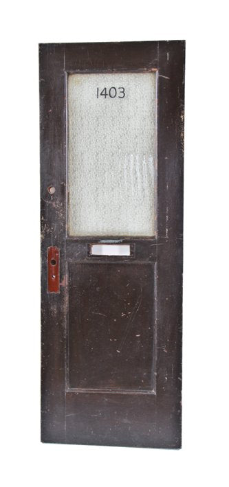 largely intact american mahogany wood reliance building interior 14th floor office door with "florentine" pattern glass panel and black paint numbers
