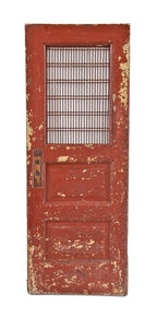 original and nicely distressed late 19th century painted mahogany wood reliance building raised panel utility door with overlapping wire mesh screen