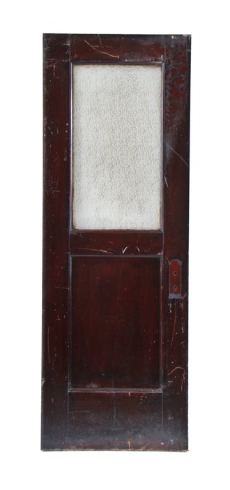 darkly stained c. 1895 mahogany wood interior reliance building single recessed panel office door with "florentine" pattern glass insert