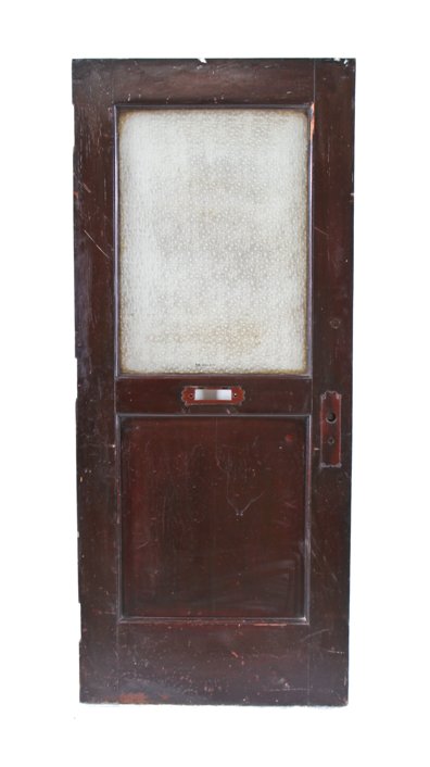 c. 1895 oversized interior varnished mahogany wood reliance office building single recessed panel door with intact textured glass pane