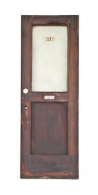 single recessed panel mahogany wood interior reliance building office door with original "florentine" pattern textured glass and gold leaf numbers