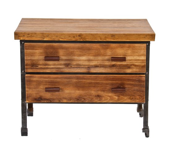 repurposed vintage american industrial angled iron two pull-out cedar wood drawer side table or cabinet with maple wood tabletop
