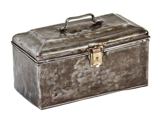 c. 1920's refinished american industrial hinged top folded and pressed steel tool chest with eagle lock and hasp