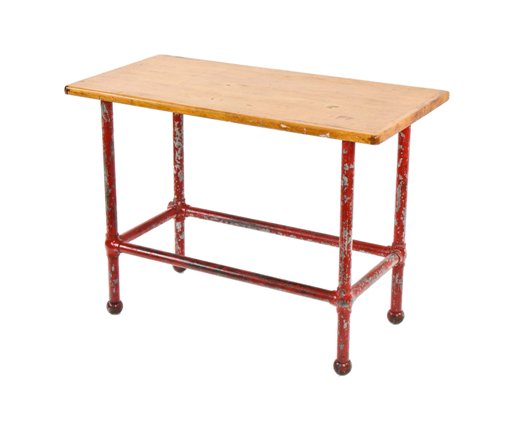 c. 1920's american industrial four-legged distressed red enameled tubular steel butcher shop table with unique ball feet
