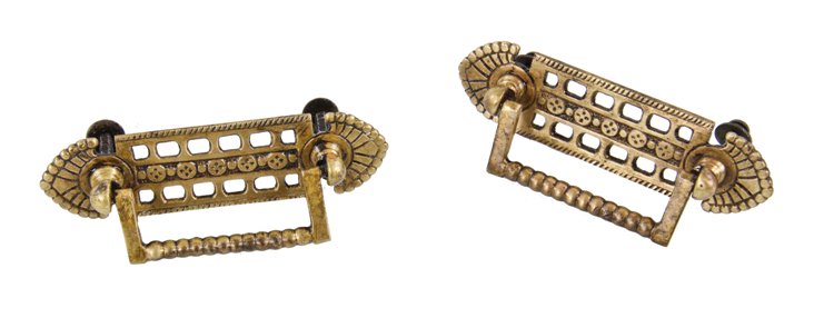 two matching 19th century ornamental cast bronze american antique eastlake style drawer pulls with original and intact drop handles