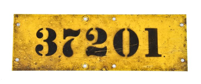 original single-sided c. 1930's vintage industrial ford factory die cut steel workstation identification sign with bold black enameled numbers