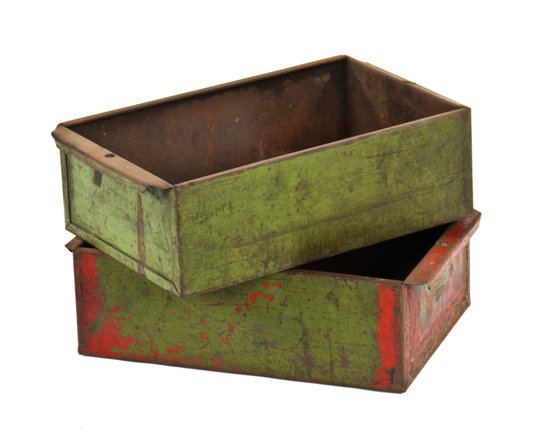 two distinct c. 1930's american industrial cold-rolled pressed and folded steel single compartment ford factory "small parts" storage bins