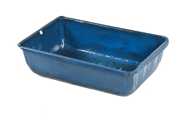 repainted blue enameled c. 1930's folded and pressed heavy gauge cold-rolled steel single compartment bin or tote with rolled lip