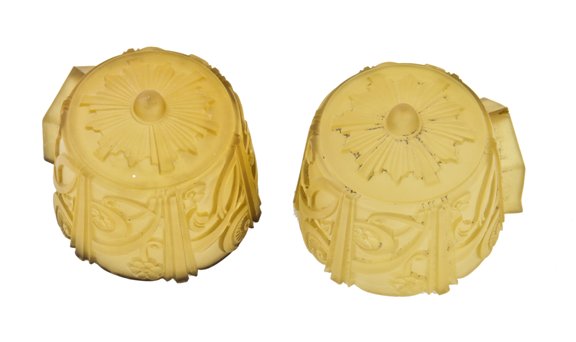identical pair of american depression era art deco style ornamentedl pressed honey glass residential ceiling fixture replacement slip shades