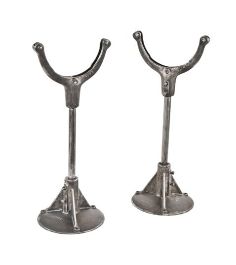 original and intact early 20th century heavily reinforced cast iron factory machine shop stationary bar feed lathe stands with brushed metal finish