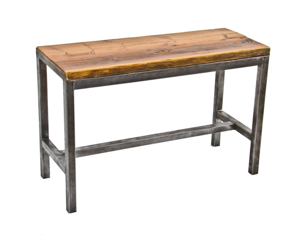 refinished c. 1940's vintage american industrial heavy gauge square-shaped tubular steel low-lying work bench with old growth pine wood tabletop