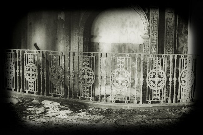 historically important late 1920's american ornamental cast iron neoclassical style historic sheridan theater lobby staircase baluster panel with gold enameled finish