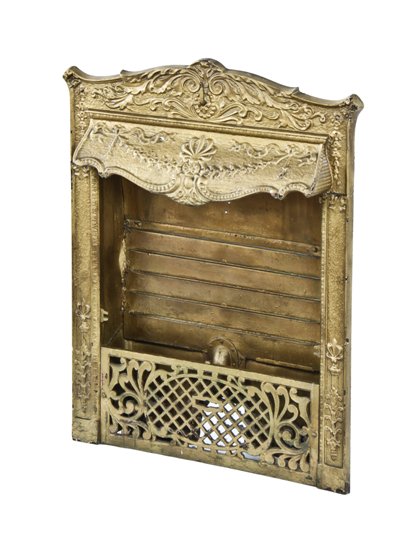 largely intact american victorian era c. 1892-95 ornamental cast iron interior residential fireplace gas insert with old gold enameled finish