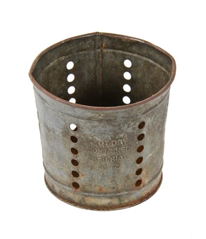 unique c. 1930's petite-sized vintage american industrial weathered enameled galvanized steel ventilated bucket with rolled rims