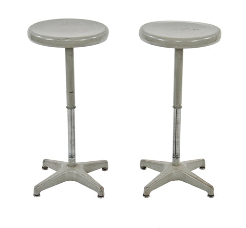 matching pair of original c. 1950's fully operable gunship gray enameled telescoping factory "adjustrite" stationary stools
