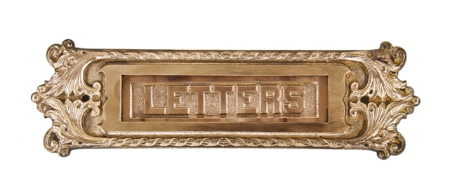 intact early 20th century american antique "chatham" pattern ornamental cast brass "letters" residential entrance door mail slot