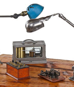 c. 1940's american industrial triple joint articulating tubular arm factory task lamp with blue enameled perforated reflector