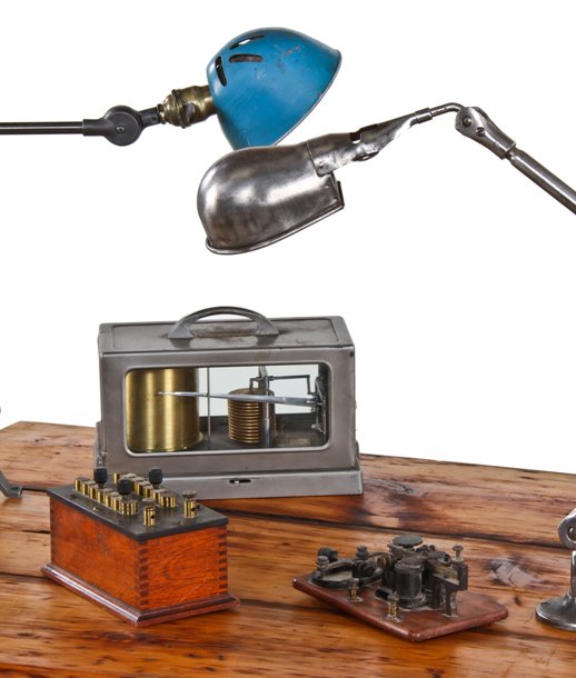 c. 1940's american industrial triple joint articulating tubular arm factory task lamp with blue enameled perforated reflector