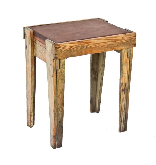 c. 1930's vintage american industrial four-legged low-lying pine wood stationary stand with newly added walnut wood tabletop
