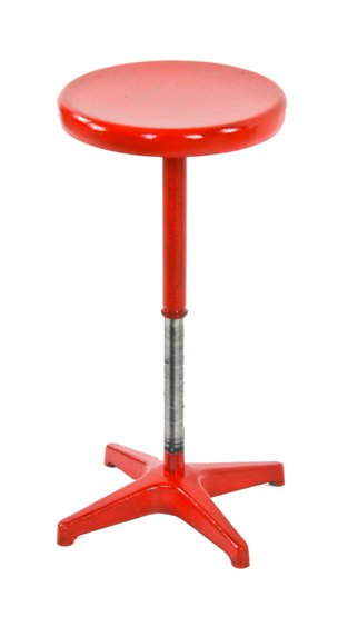 cherry red enameled vintage c. 1950's american industrial adjustable height factory stool with pressed and folded steel swivel seat