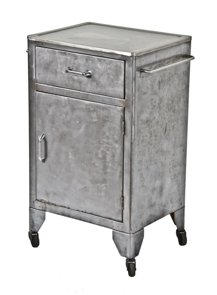 late 1930's american medical heavy gauge steel mobile hospital supply cart with cabinet door and single sliding drawer