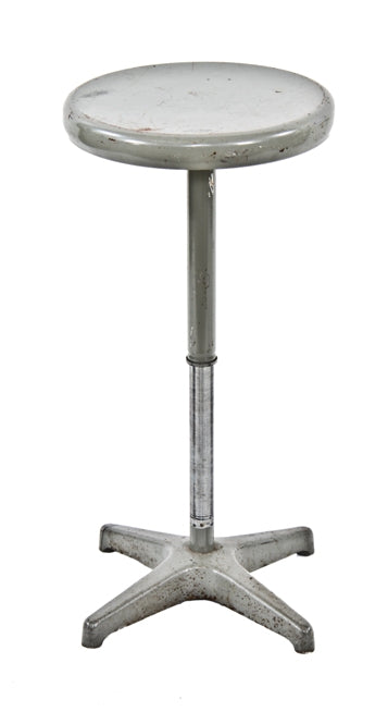 original and intact c. 1950's american industrial gunship gray enameled steel adjustable height factory swivel seat stool with cast iron base