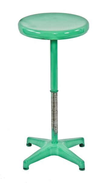 fully functional american made vintage industrial telescoping green enameled steel stool with four-legged cast iron base