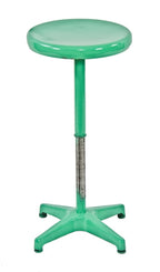 fully functional american made vintage industrial telescoping green enameled steel stool with four-legged cast iron base