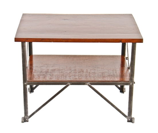 late 1920's repurposed vintage industrial heavy gauge riveted joint steel two tier factory office cart with solid walnut wood tabletop and undershelf